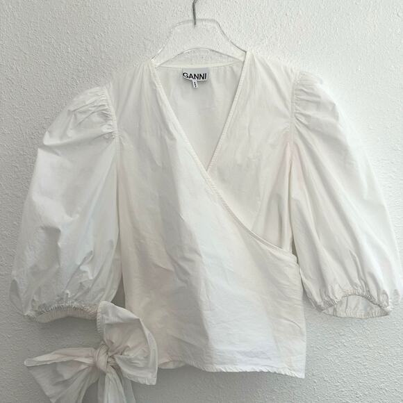 Ganni Puff Sleeve Wrap Top Women Size 40 US 10 Bright White Poplin V-Neck Cotton - Picture 4 of 10